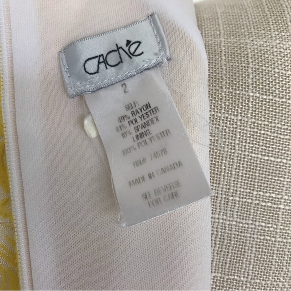 Yellow and white Cache size 2 fitted midi dress with ruche in the waist - Picture 12 of 12